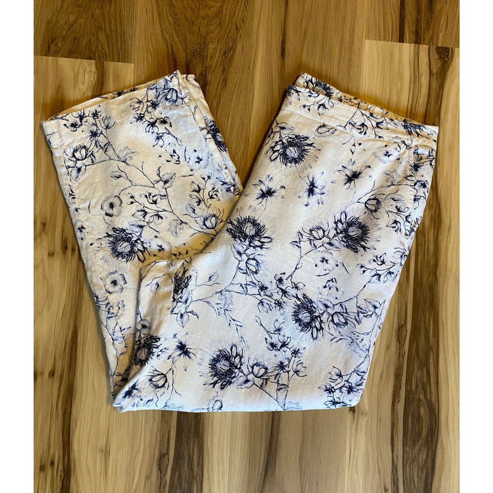 Chico's Blue White Floral Linen Pants Cropped Wide Leg Size 3S US 16S